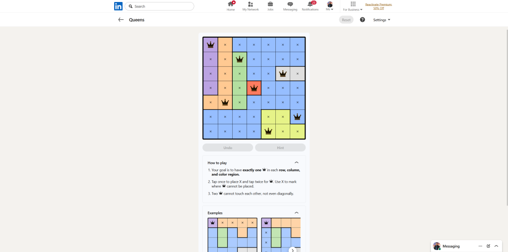 A screenshot of the daily LinkedIn Games puzzle.