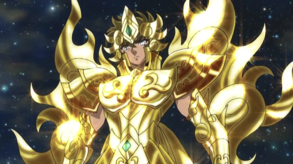  Soul of Gold anime series. He is depicted wearing his enhanced Gold Cloth with large, fiery energy wings.