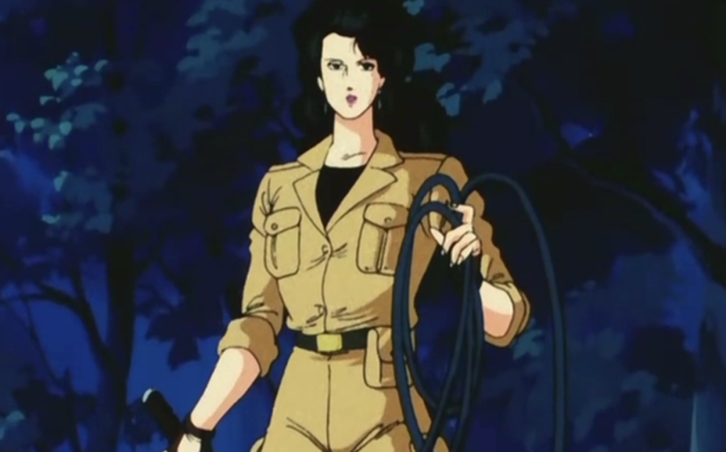 This image is from the 1987 anime series City Hunter. It specifically features the antagonist from the episode titled "My Foe Is a Beautiful Lady?: The Biggest Woman Trap in History".
