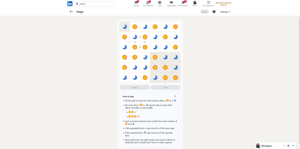 A screenshot of the daily LinkedIn Games puzzle.