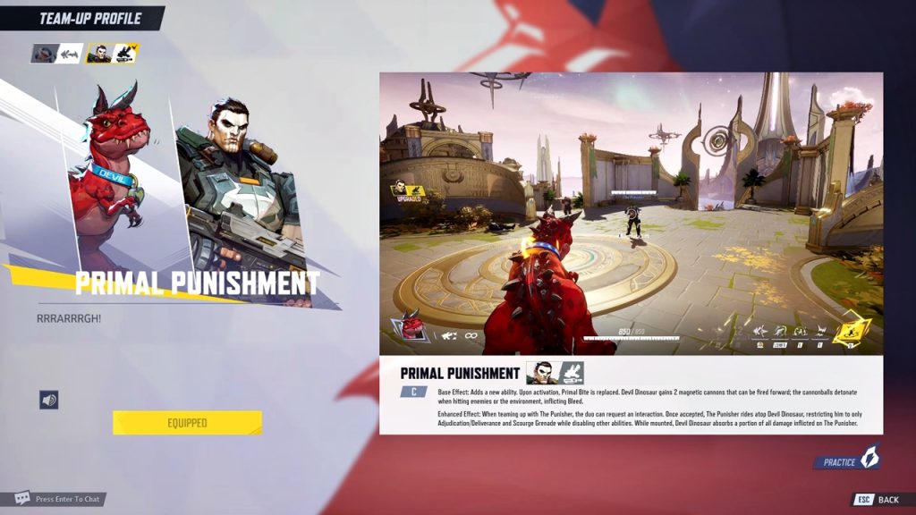 Marvel Rivals in-game screenshot showcasing the Team-Up Profile tab for Devil Dinosaur and The Punisher.