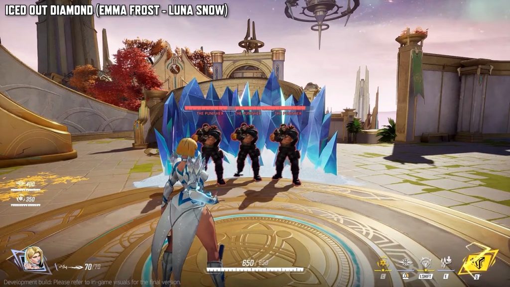 Marvel Rivals gameplay screenshot showcasing Emma Frost's "Iced Out Diamond" team-up abilities with Luna Snow.