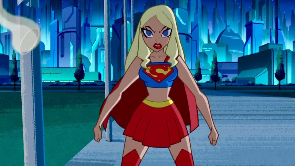 Supergirl stands in a determined fighting stance wearing her classic costume as a futuristic city skyline glows behind her in Justice League Action.