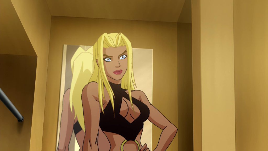 Supergirl stands confidently in a black sleeveless outfit with one hand on her hip inside an apartment in Superman/Batman: Apocalypse.