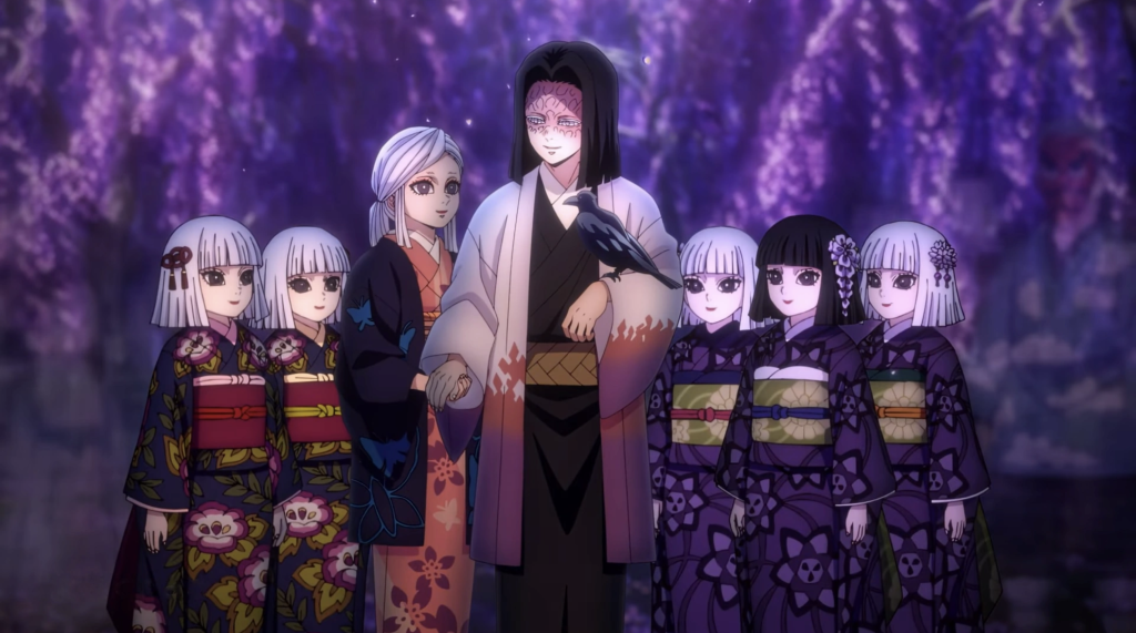  Kimetsu no Yaiba. The central figure is Kagaya Ubuyashiki, the 97th leader of the Demon Slayer Corps, accompanied by his wife, Amane, and their children. The children shown include the quintuplets, who are identifiable by their distinct purple kimono patterns and hair styling.