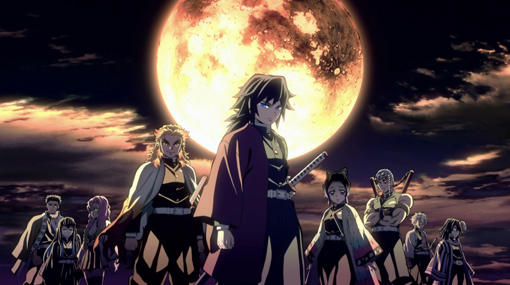  Kimetsu no Yaiba. The characters are shown standing together in a line against a prominent, full moon background. Key figures visible in this scene include Giyu Tomioka in the center and Kyojuro Rengoku to his left.