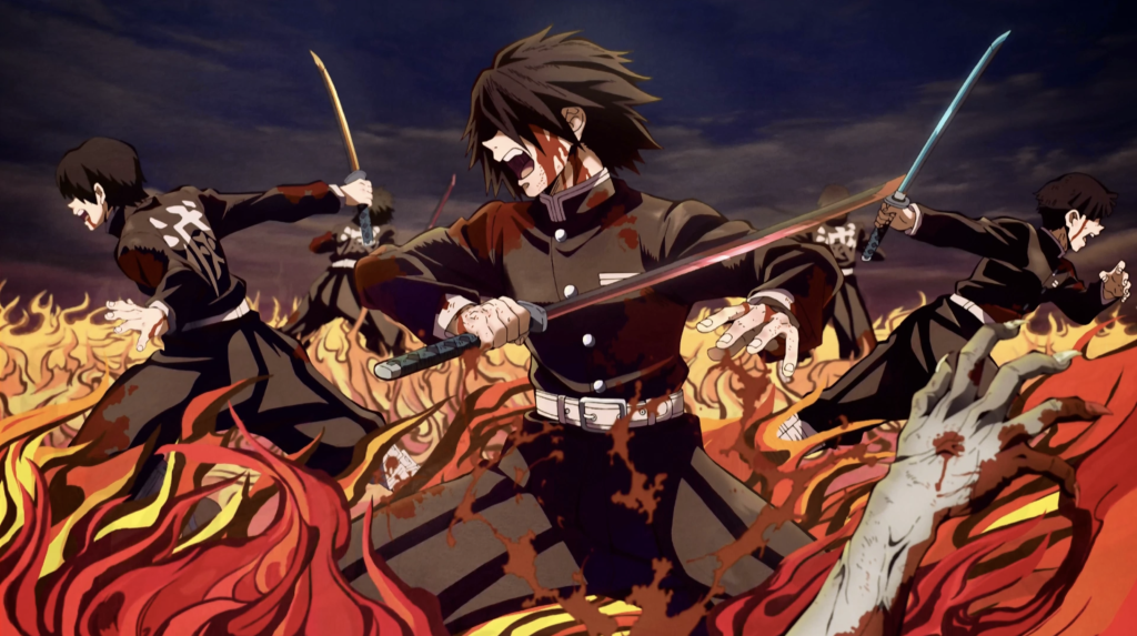  Kimetsu no Yaiba, featuring members of the Demon Slayer Corps engaged in combat. The characters are shown using Nichirin Blades to fight against demons in a fiery setting.