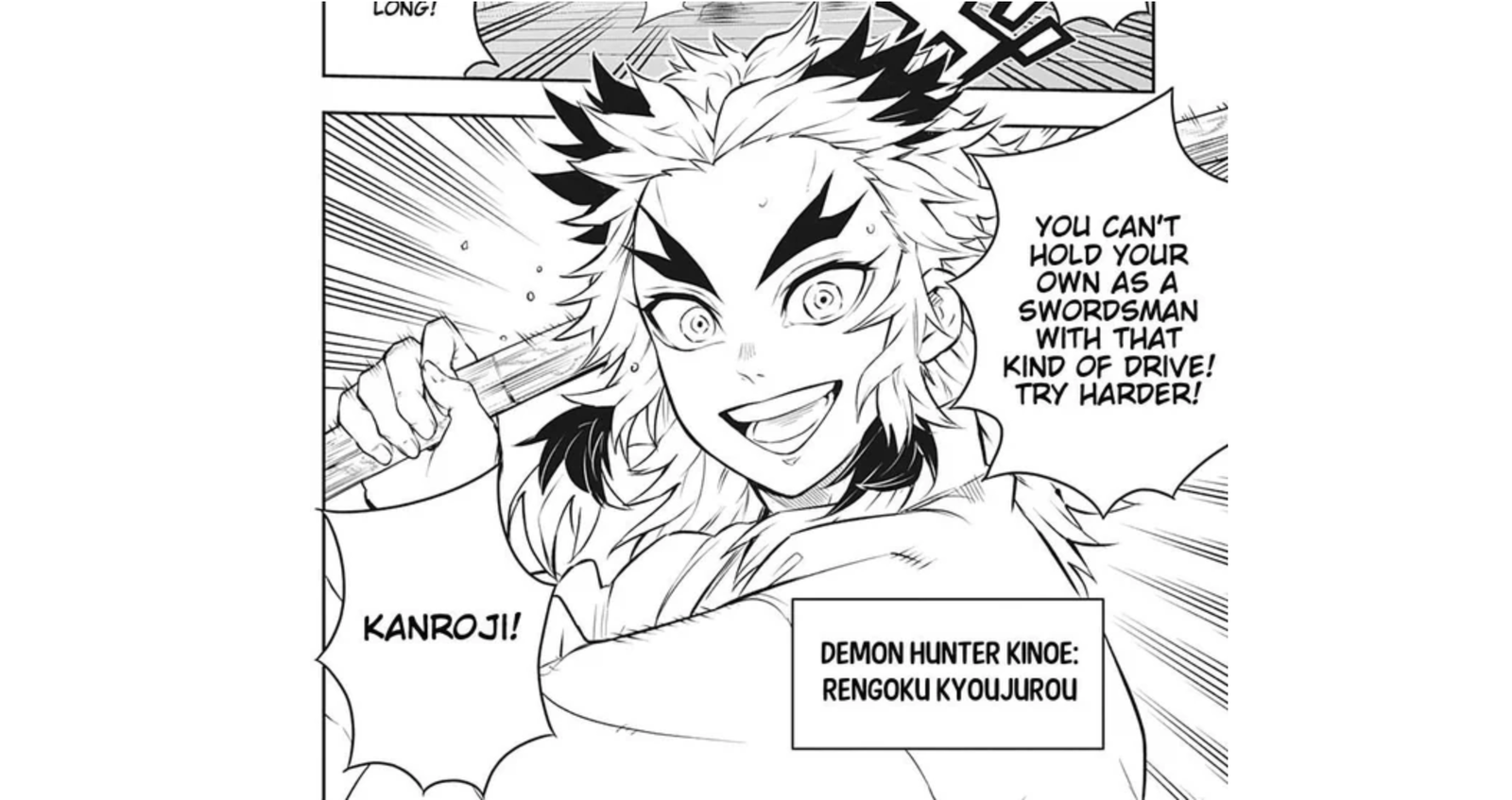  Kimetsu no Yaiba.The text box identifies him by his rank as a Demon Hunter Kinoe.