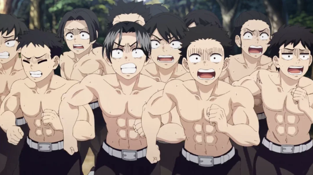  Kimetsu no Yaiba. The trainees are shown shirtless and panting while running in a forest, depicting intense physical conditioning.