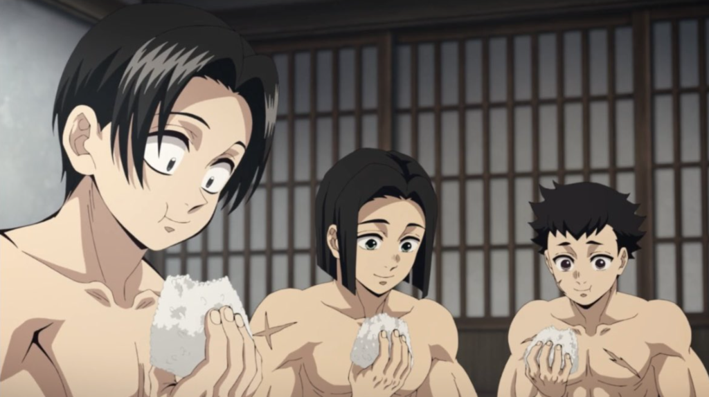  Kimetsu no Yaiba. It features background Demon Slayer Corps members, including Murata, during intense training.