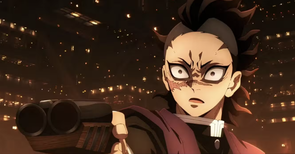  Kimetsu no Yaiba. He is shown wielding his unique double-barreled shotgun, which fires specially crafted Nichirin ammunition. The scene depicted takes place inside the Infinity Castle during the final battle arc of the series. 