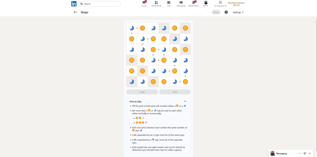 A screenshot of the daily LinkedIn Games puzzle.