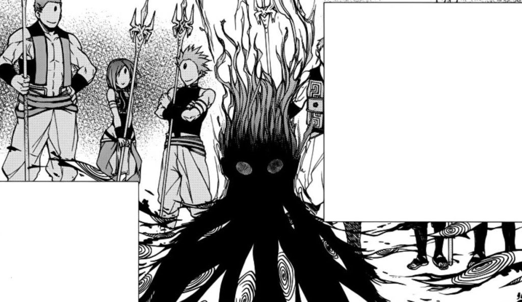 Laplace appears as a large, shadowy figure with a dark, indistinct form and prominent, glowing eyes.