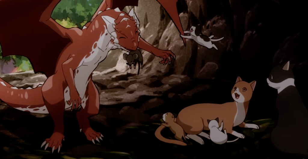  Neko to Ryuu). The image shows the dragon, Nekoryuu, bringing food for other cat and their kittens.