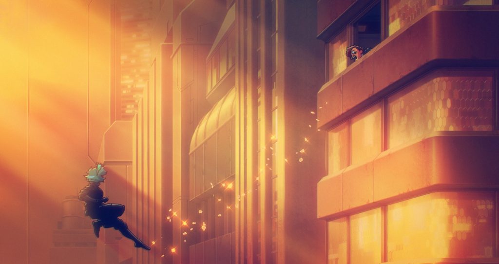 Motoko Kusanagi, in action against a towering city background from the new The Ghost in the Shell anime. 