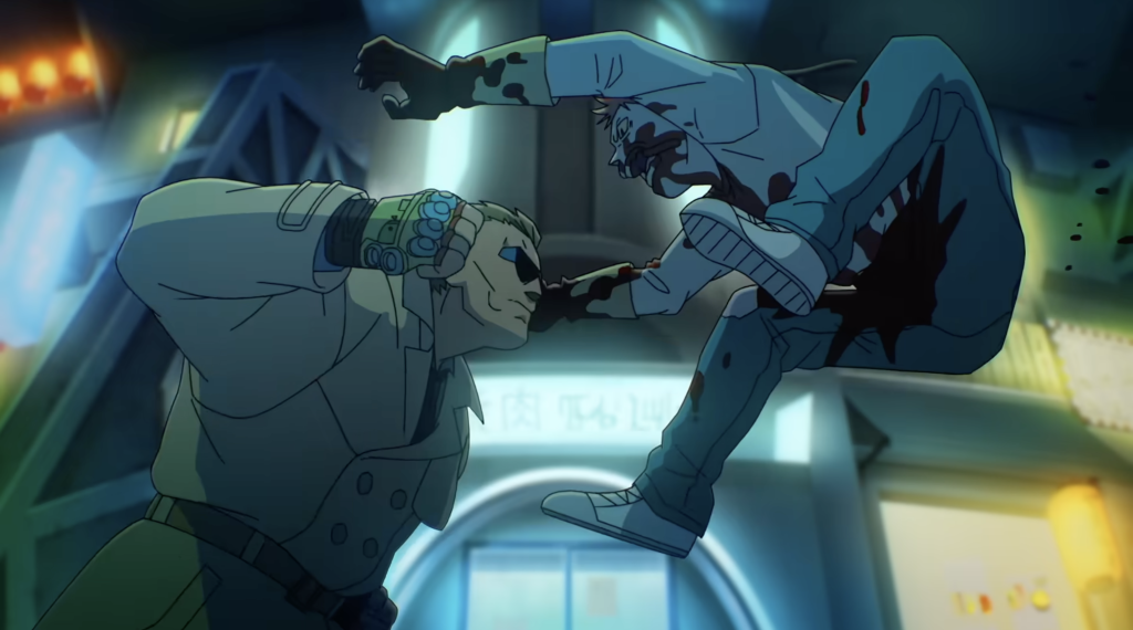 This image is from the 2026 TV anime adaptation of The Ghost in the Shell produced by Science SARU. The scene shows a violent confrontation between two characters in a futuristic, neon-lit setting.