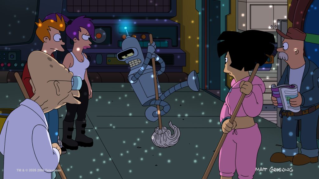 (L-R) The Professor, Fry, Leela, Bender, Amy, and Scruffy in Futurama Season 14
