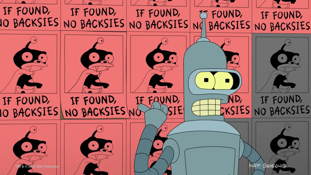 Bender standing behind a set of missing posters for Nibbler in Futurama Season 14