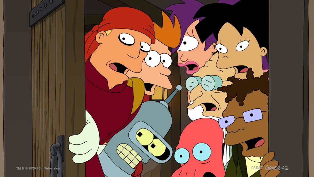 (L-R) Zapp Brannigan, Fry, Bender, Leela, Amy, Professor Farnsworth, Zoidberg, and Hermes in Futurama Season 14