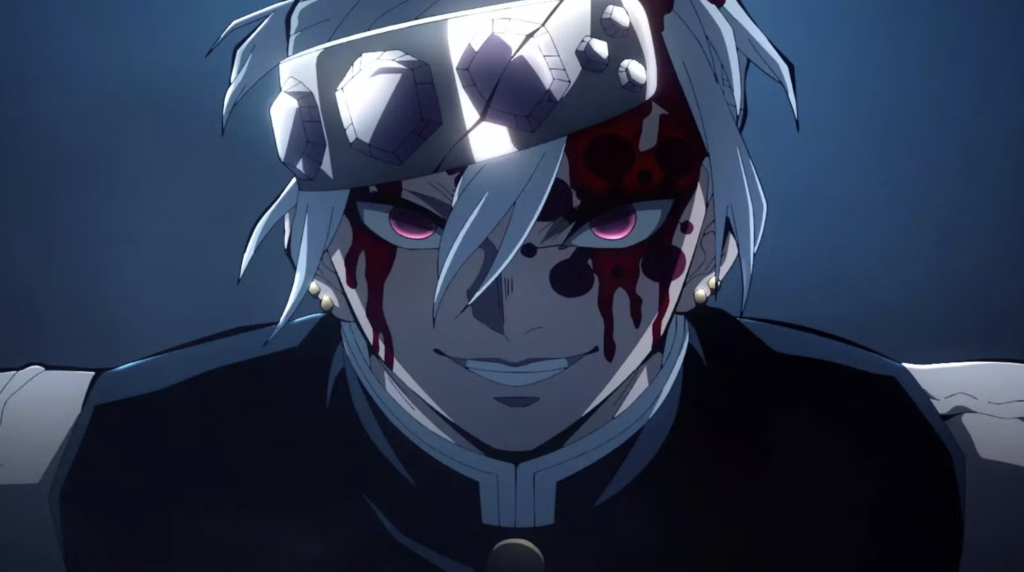  Kimetsu no Yaiba. The image depicts Tengen during the intense battle in the Entertainment District arc, showcasing him smiling despite being heavily bloodied.
