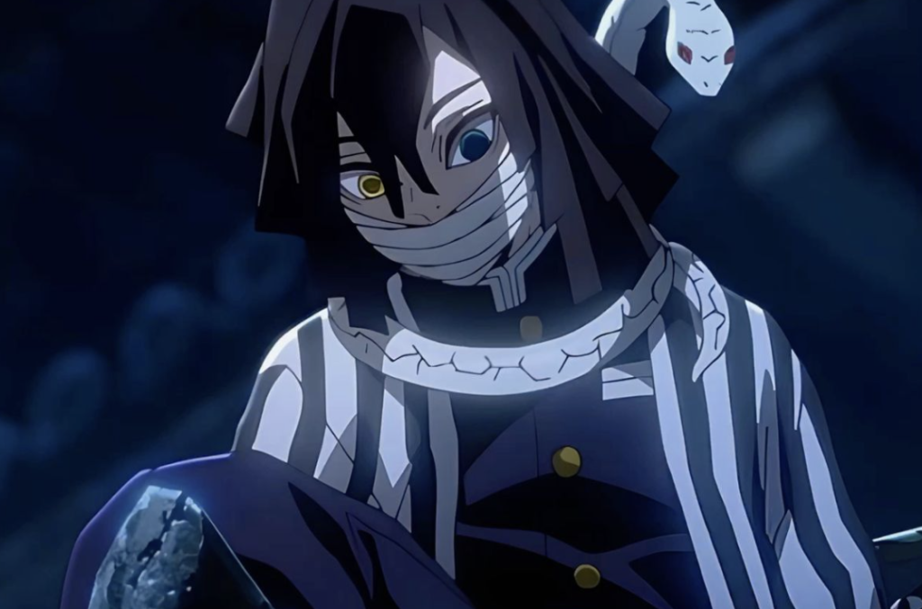  Kimetsu no Yaiba. He is depicted with his signature snake companion, Kaburamaru, coiled around his shoulders.