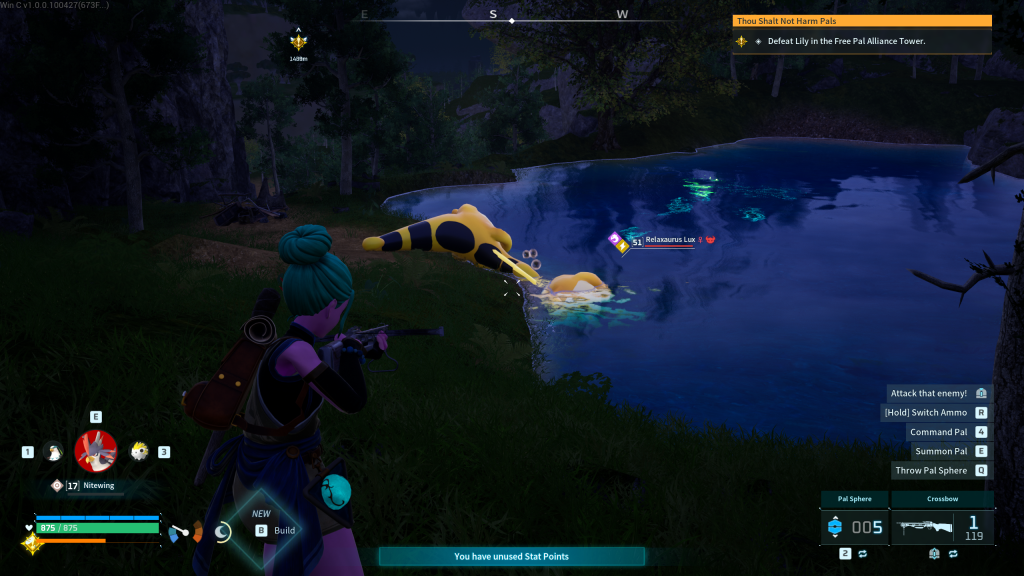 Palworld 1.0 original gameplay screenshot featuring two Relaxaurus Lux sleeping by a body of water.