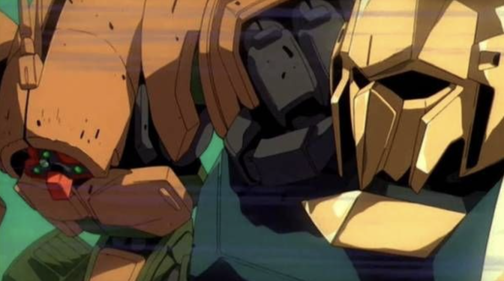 This image depicts a scene from Mobile Suit Zeta Gundam featuring the NRX-044 Asshimar. The scene shows the Asshimar engaging in close-quarters combat with the MSN-00100 Hyaku Shiki.