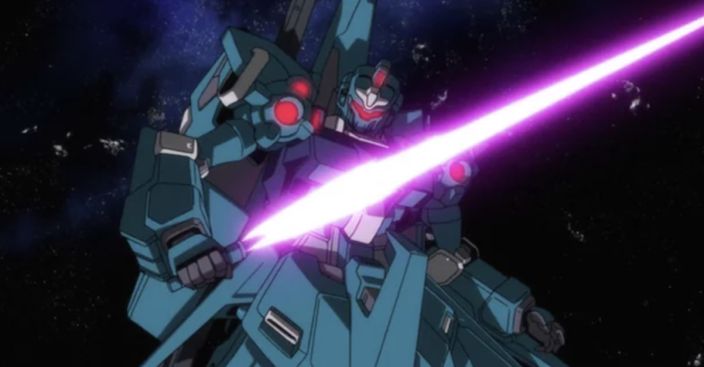 This image features the RGZ-95 ReZEL mobile suit from Mobile Suit Gundam Unicorn. The suit is depicted wielding a bright pink beam saber during a space combat scene.
