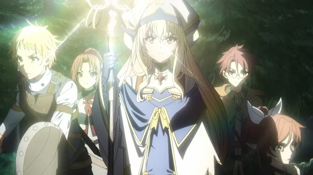 Characters from Goblin Slayer II party of rookie adventurers, including the Priestess in the center.