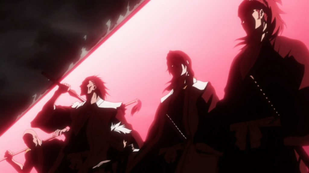 Gotei 13 captains making a dramatic entrance to assist Ichigo Kurosaki.  
