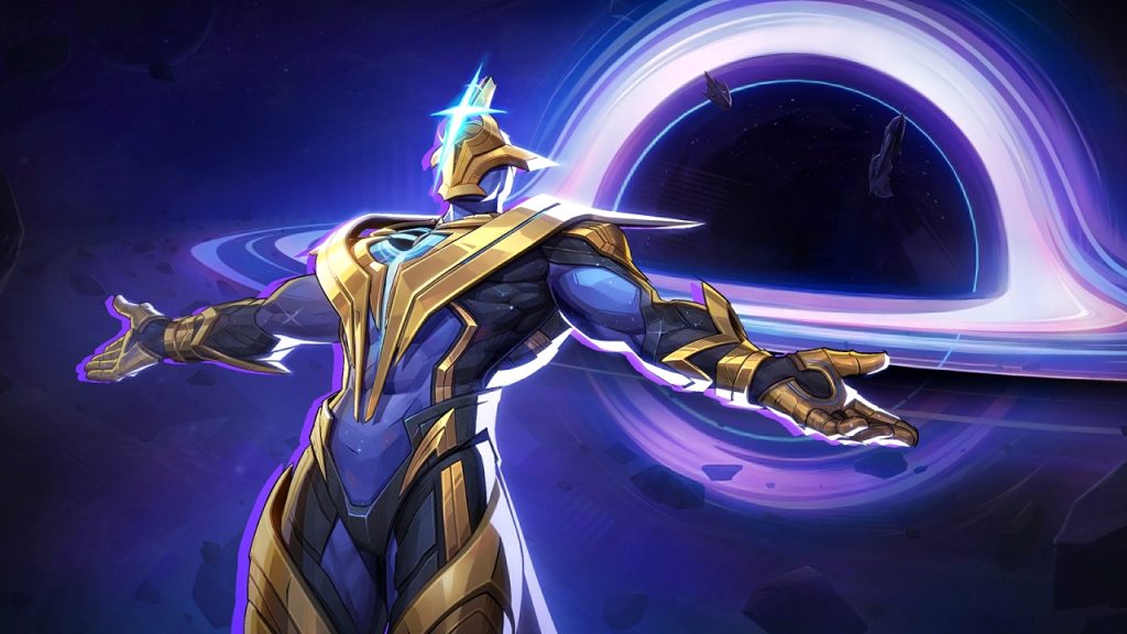 Marvel Rivals MVP animation screenshot featuring Strategist hero Adam Warlock.
