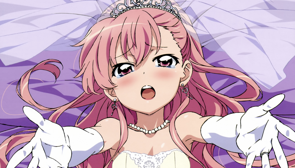 This is a digital illustration of Louise Françoise Le Blanc de La Vallière from the anime series Zero no Tsukaima (The Familiar of Zero). The image depicts her wearing a white wedding dress, tiara, and gloves while reaching forward.