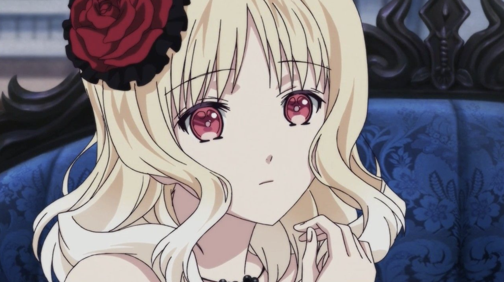This image features the character Yui Komori from the anime series Diabolik Lovers. She is depicted with long blonde hair and distinct red eyes. Yui is shown wearing a large red rose hair accessory.