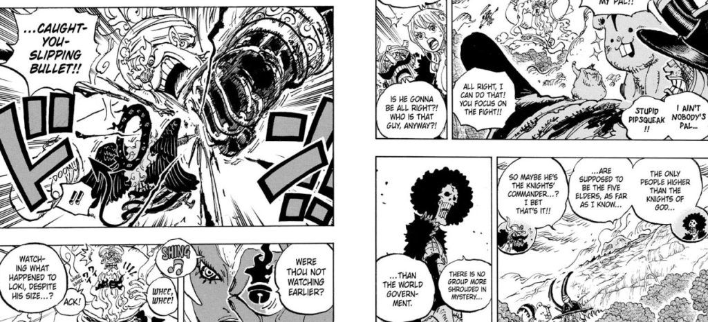 Imu easily blocks Luffy's attacks in One Piece Chapter 1188. 