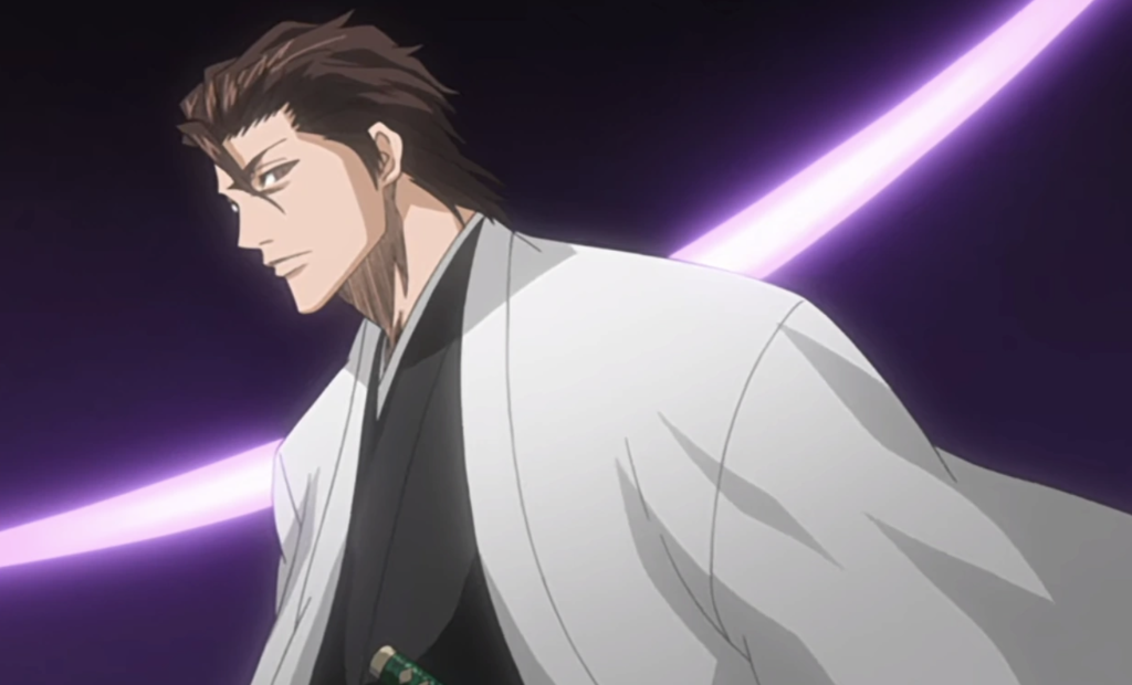 This is a still of Sōsuke Aizen from the anime series Bleach. He is depicted in his captain's uniform, featuring a white haori coat over a black shihakushō.