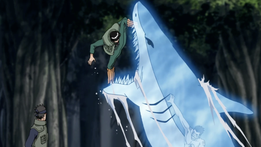  Water Shark Bullet Technique" against Might Guy. The technique shapes water into a large shark to attack opponents at high speeds.