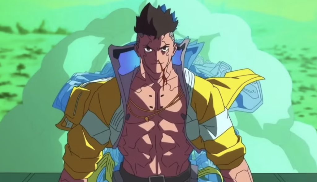  Edgerunners. He is shown wearing his iconic yellow jacket with the upturned collar. The image features intense visual details including cybernetic enhancements and a bloody nose.