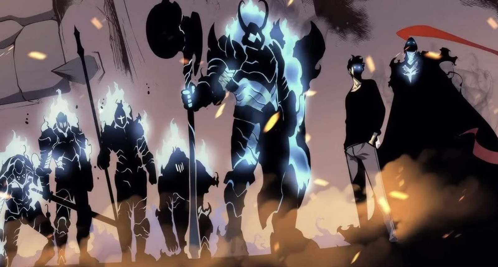 This image depicts Sung Jin-Woo and his shadow army from the popular manhwa series Solo Leveling. The scene features the protagonist, Sung Jin-Woo, accompanied by several of his summoned shadow soldiers. The large, armored figure in the center is Igris, one of Jin-Woo's most prominent shadow soldiers.