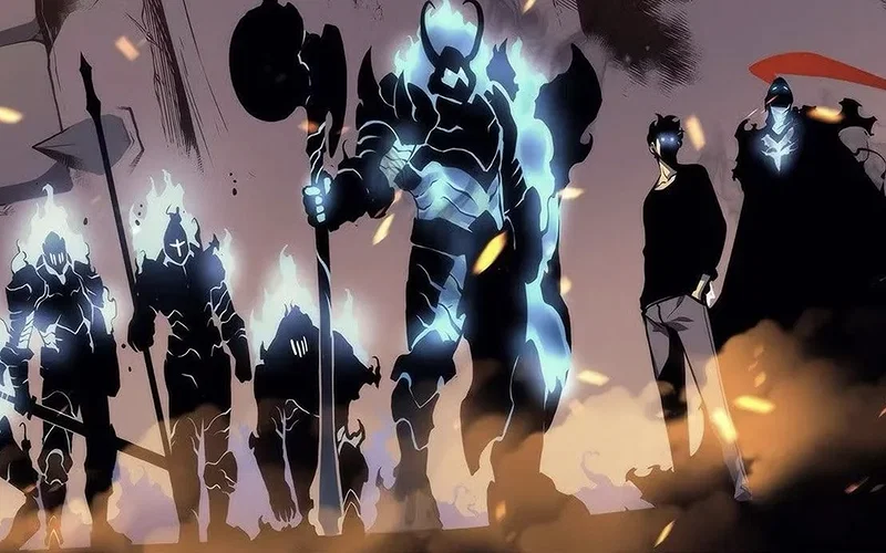 This image depicts Sung Jin-Woo and his shadow army from the popular manhwa series Solo Leveling. The scene features the protagonist, Sung Jin-Woo, accompanied by several of his summoned shadow soldiers. The large, armored figure in the center is Igris, one of Jin-Woo's most prominent shadow soldiers.