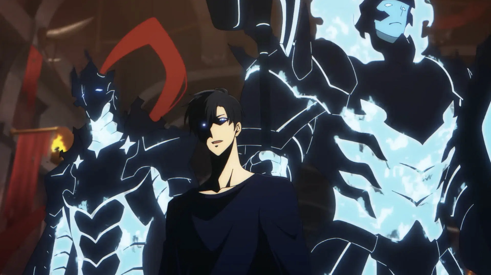 This image features the character Sung Jin-woo from the anime series Solo Leveling. He is depicted in his powerful Shadow Monarch form, accompanied by his summoned shadow soldiers.