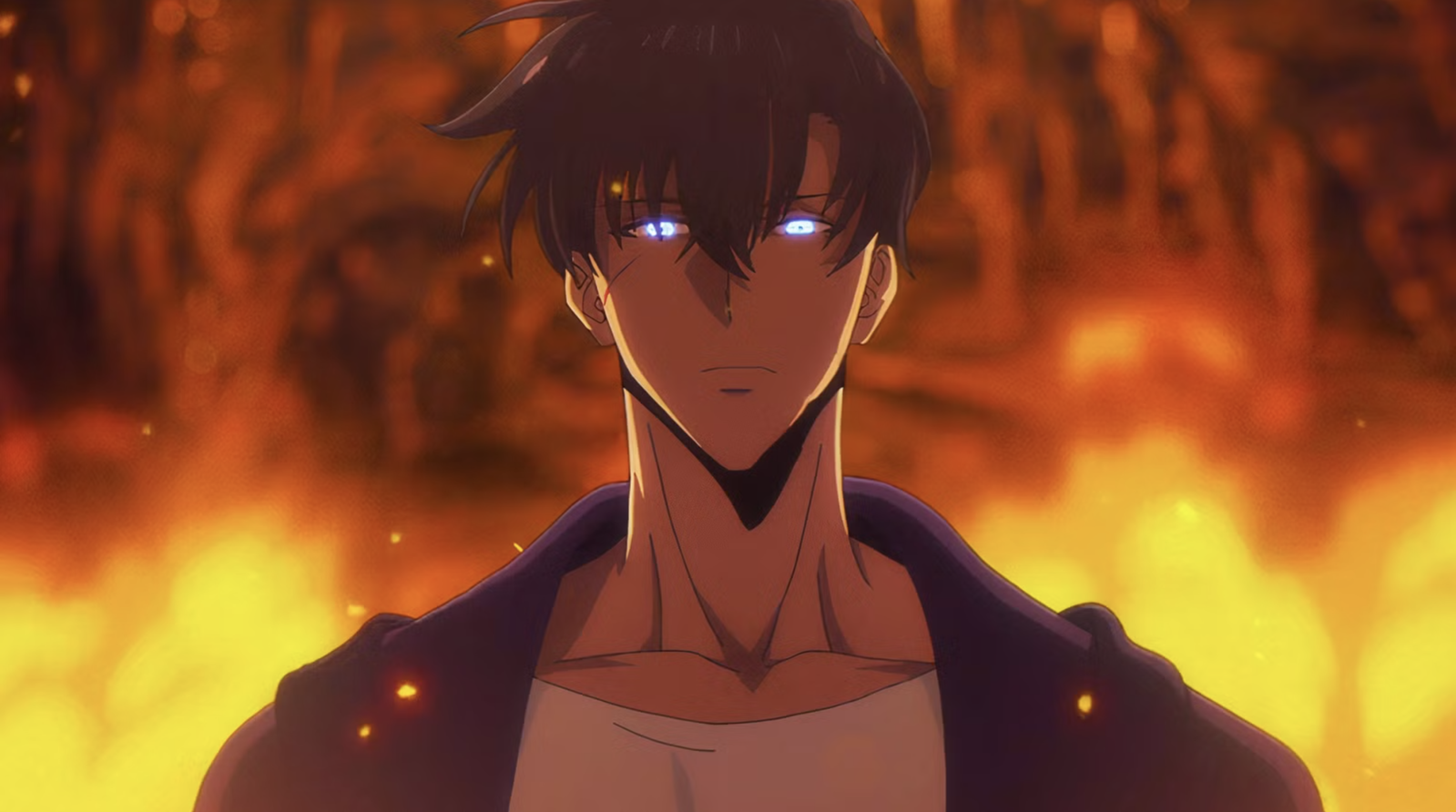 This image features the protagonist Sung Jin-woo from the popular anime series Solo Leveling. He is shown with his signature glowing blue eyes, indicating he is actively using his magical powers.
