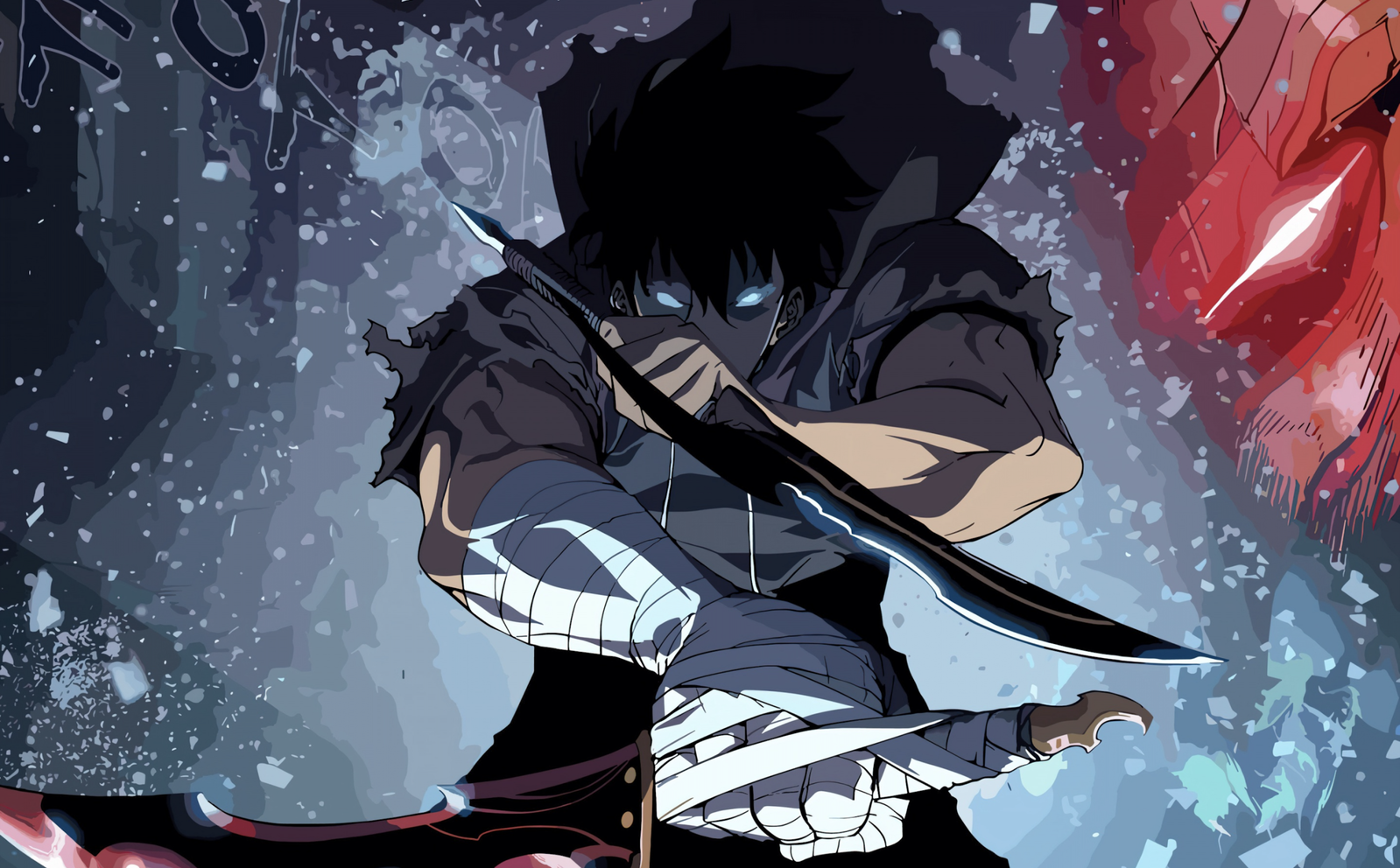 This image features the protagonist Sung Jin-woo from the popular anime series Solo Leveling. He is shown with his signature glowing blue eyes, indicating he is actively using his magical powers, as he wields two daggers.