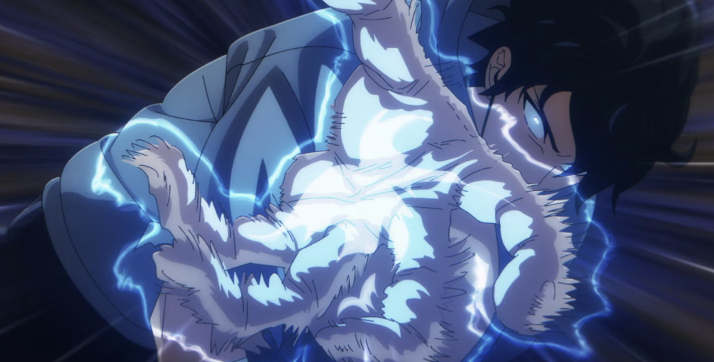 This image features the character Sung Jinwoo from the anime series Solo Leveling. He is utilizing a powerful telekinetic ability known as Ruler's Hand or Ruler's Authority.