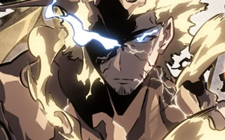 This image features Christopher Reed, a National Level Hunter from the Solo Leveling manhwa series. He is shown transforming into his "Spiritual Body Manifestation" form, erupting into flames while fighting Monarchs.