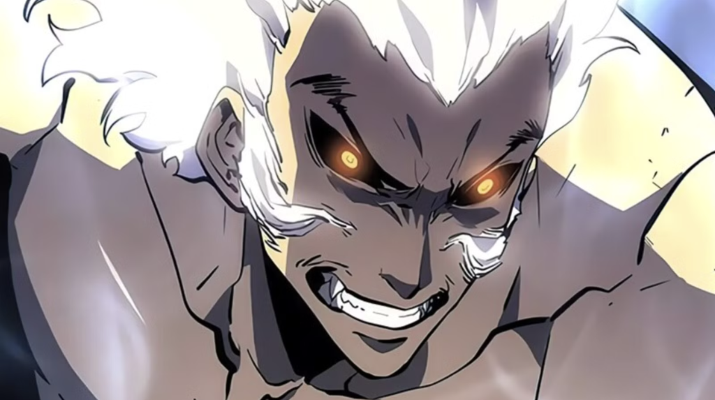 This image features Baek Yoon-ho from the popular manhwa and anime series Solo Leveling. He is depicted in his transformed beast form, characterized by glowing orange eyes and white hair.