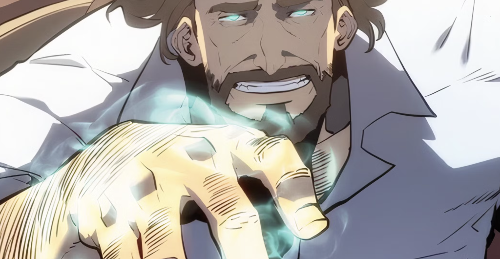 This is a panel of Yuri Orloff from the manhwa Solo Leveling. He is an S-Rank hunter from Russia specializing in barrier magic. The image shows him activating his signature barrier creation ability, depicted with glowing magical energy.