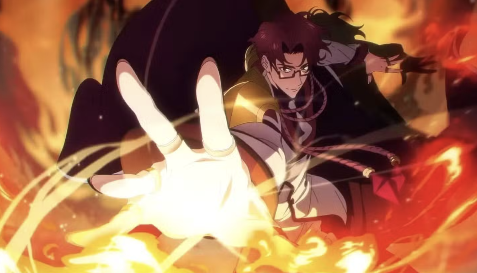 This image features Choi Jong-In, the Master of the Hunters Guild from the anime series Solo Leveling. He is depicted channeling powerful fire magic amidst a chaotic battle scene.
