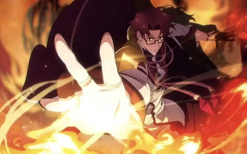 This image features Choi Jong-In, the Master of the Hunters Guild from the anime series Solo Leveling. He is depicted channeling powerful fire magic amidst a chaotic battle scene.