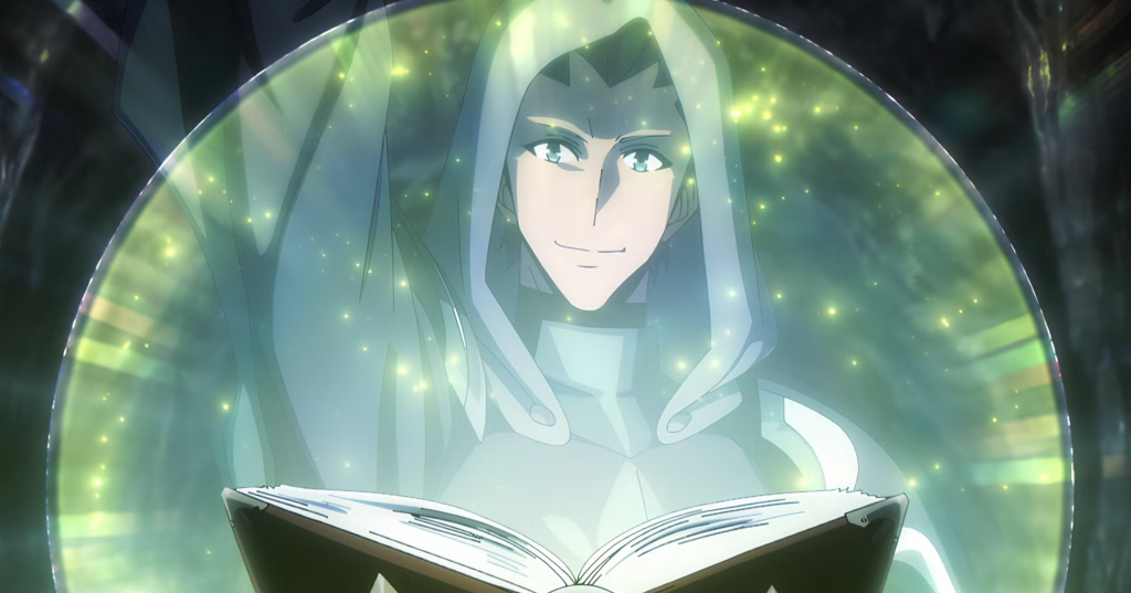 This image features Min Byung-Gyu from the anime Solo Leveling. He is shown acting as an S-Rank healer, utilizing his abilities. This scene occurs during the Jeju Island Raid arc, specifically in season two of the series