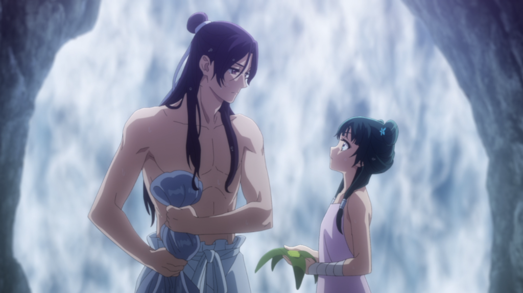 This scene features Jinshi and Maomao from the anime series The Apothecary Diaries. It depicts a quiet moment between the two characters in a cave or near a waterfall.